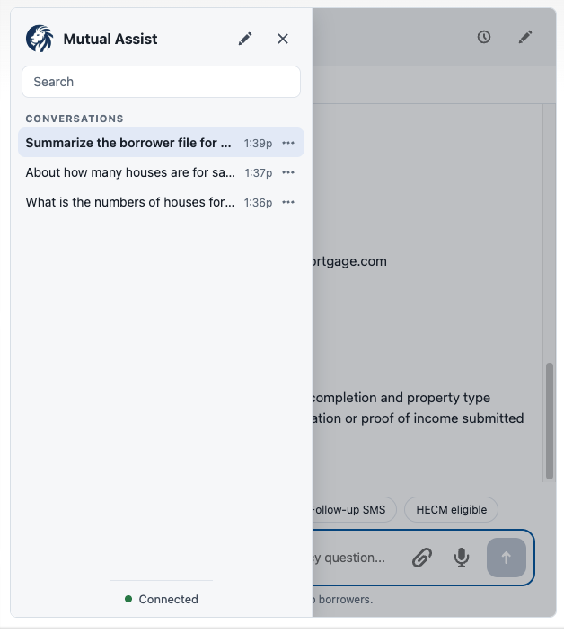 The list of saved chats with rename, pin and delete options