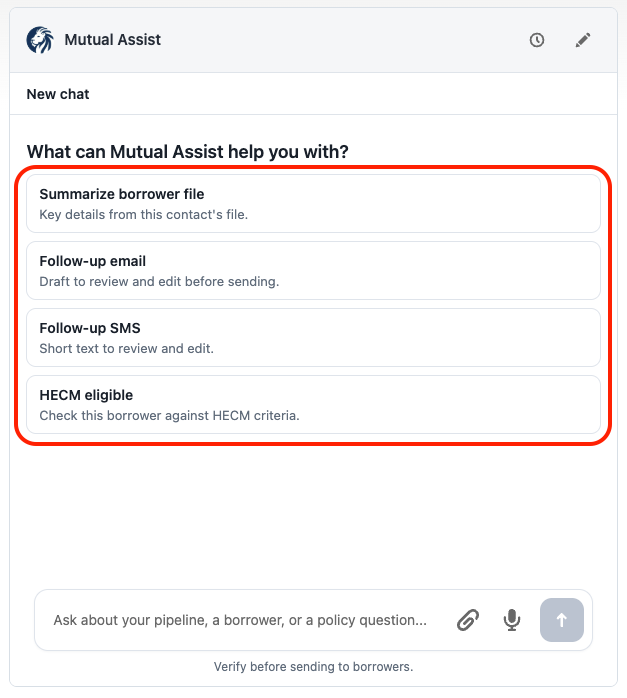 Four quick-start buttons on a new chat on a Contact record