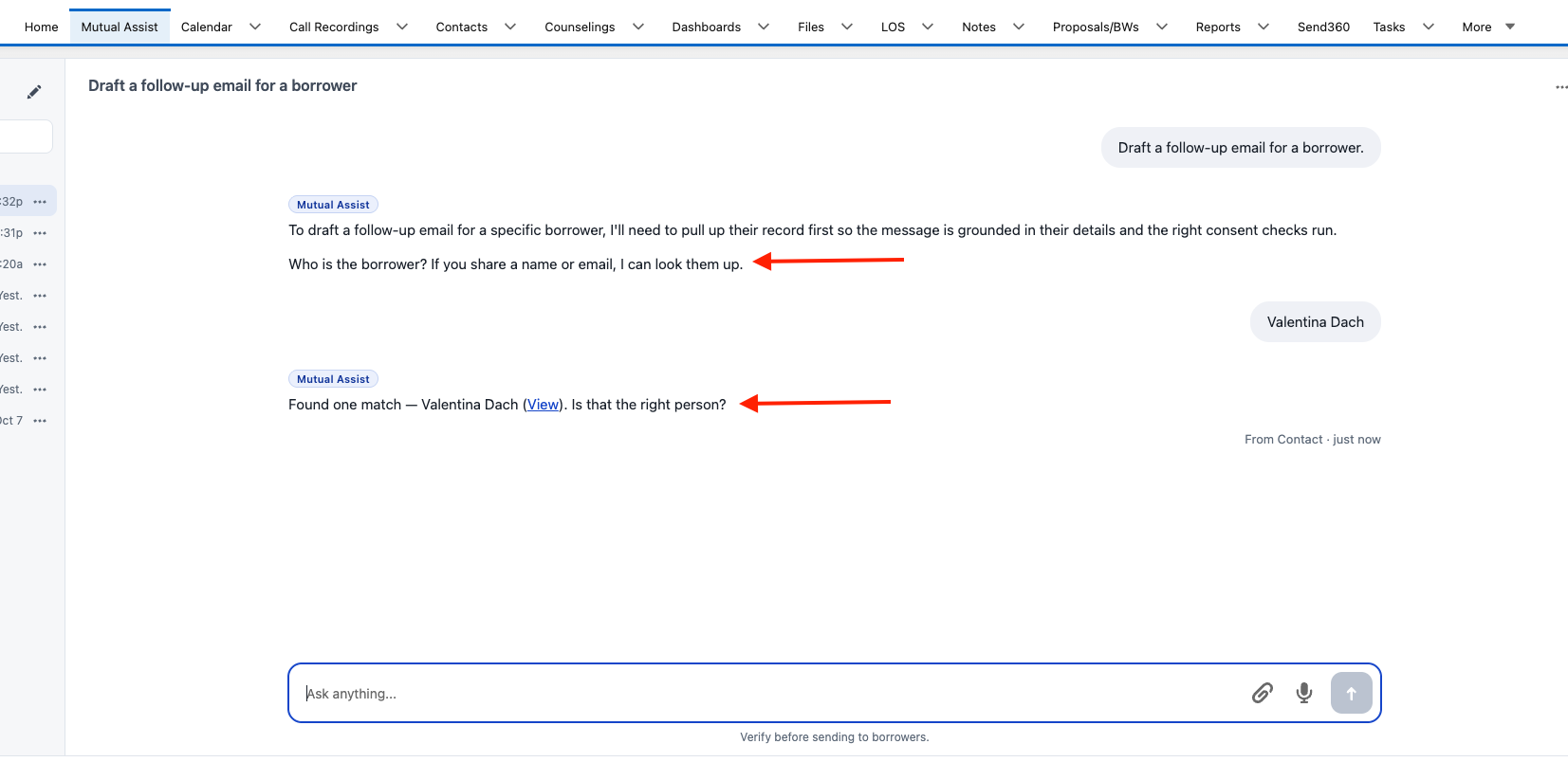 The Mutual Assist tab asking who the borrower is, then showing the matched contact with a View link