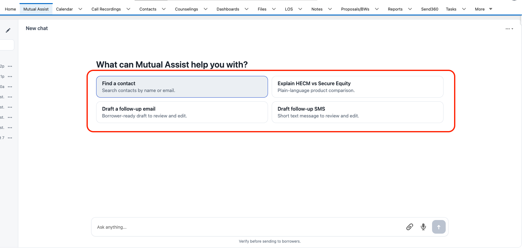 Four quick-start buttons on a new chat in the Mutual Assist tab